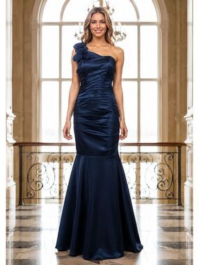 Cache Navy Blue One Shoulder Mermaid Formal Gown Sz 10 Satin Evening Prom Dress